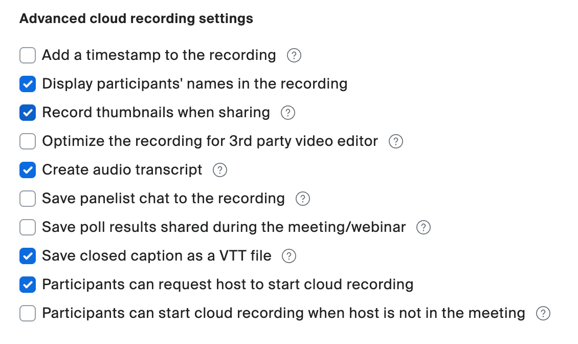 Advanced cloud recording settings
