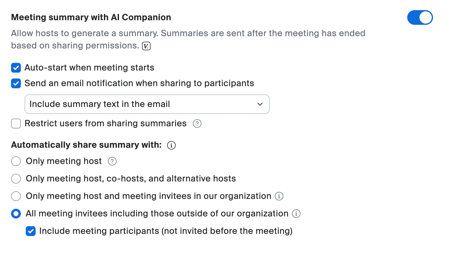 Meeting summary settings