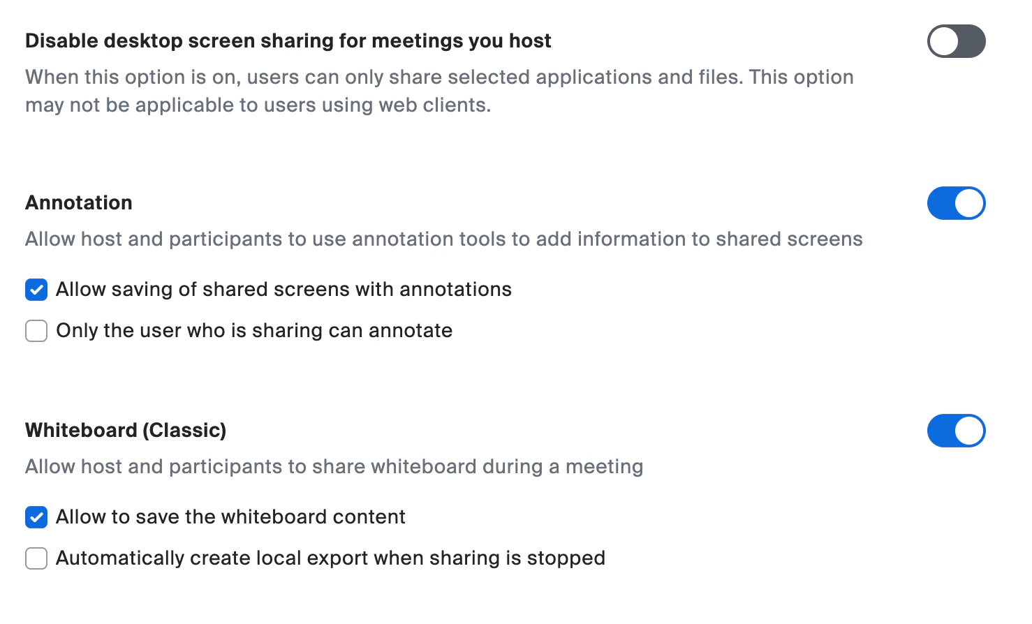 Annotation and whiteboard settings