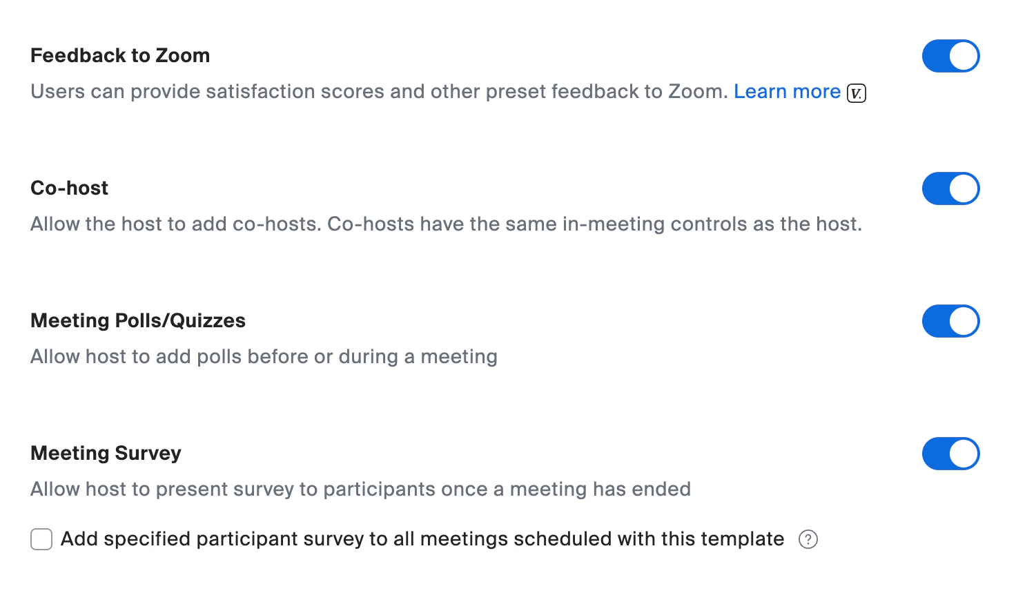 Feedback, co-host, polls, and survey settings