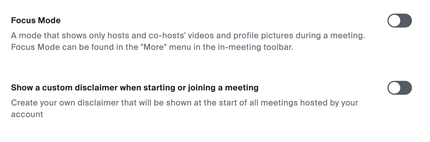Focus mode and disclaimer off