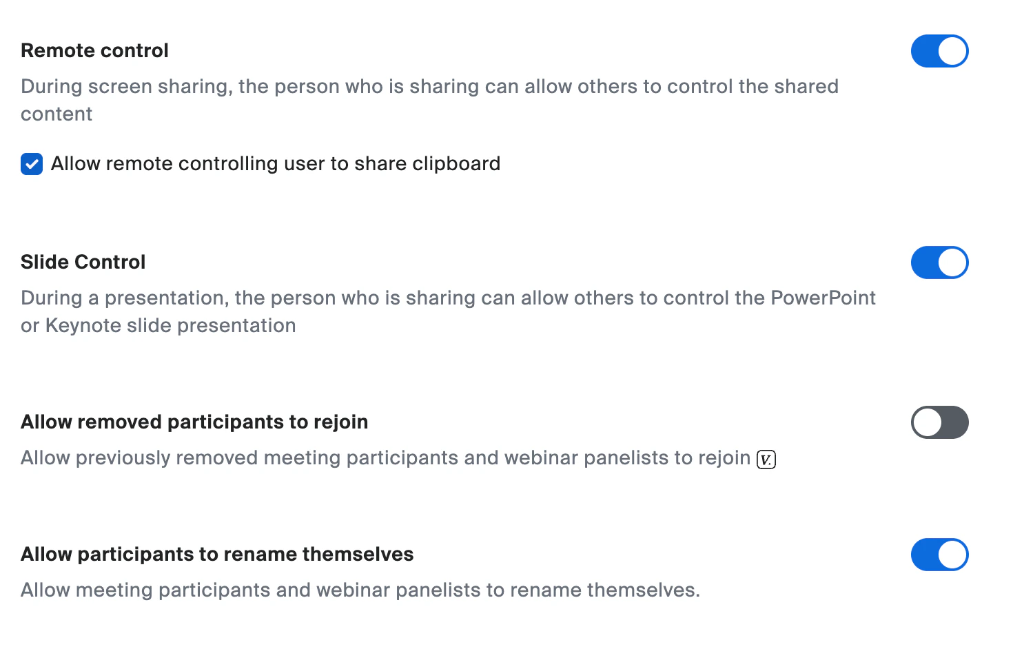 Remote, slide, rejoin, rename settings