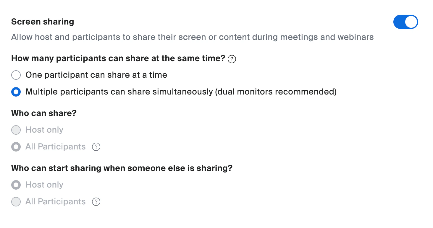 Screen sharing settings