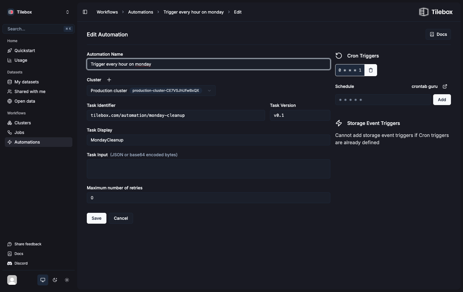 Tilebox Workflows automations in the Tilebox Console