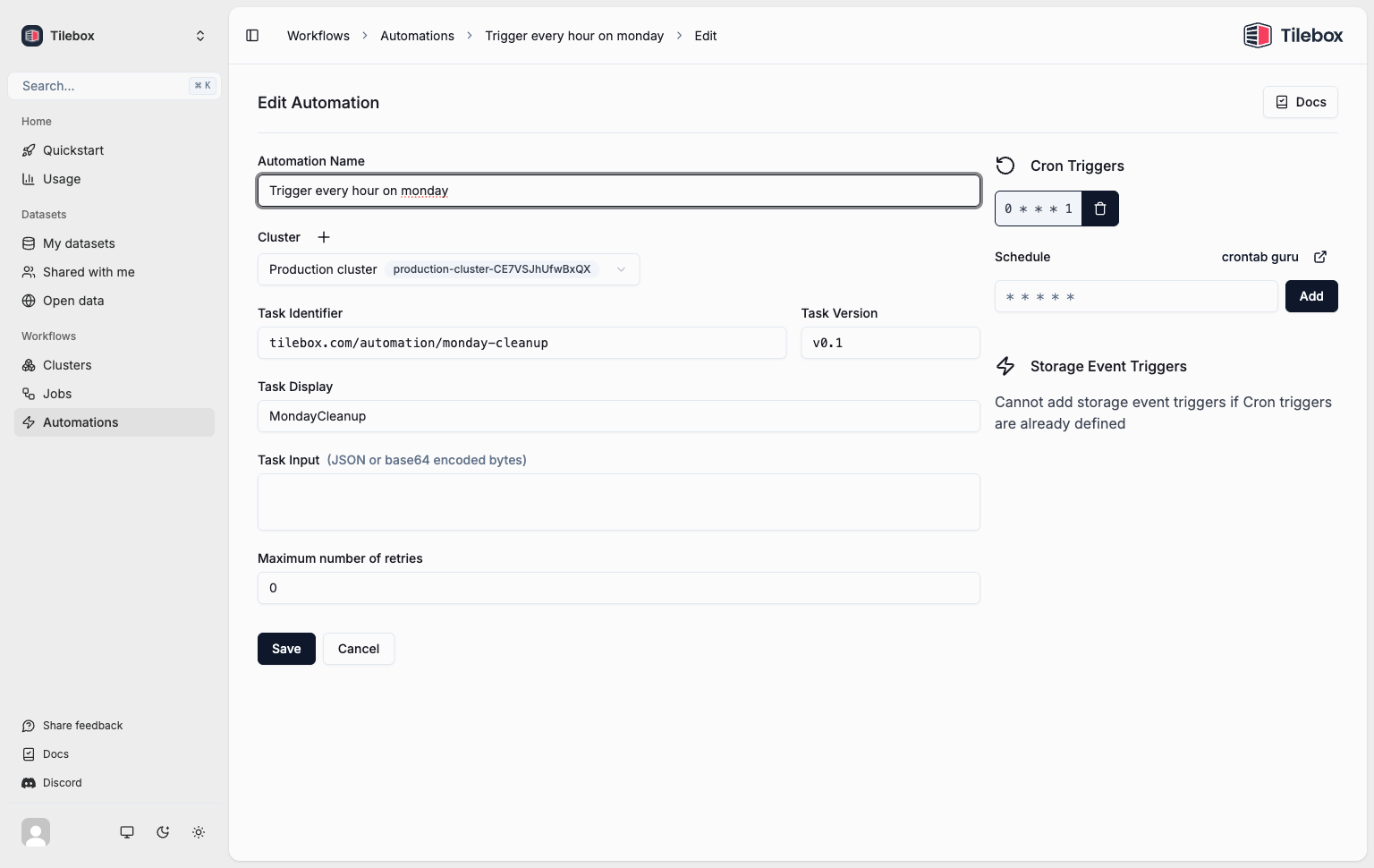 Tilebox Workflows automations in the Tilebox Console