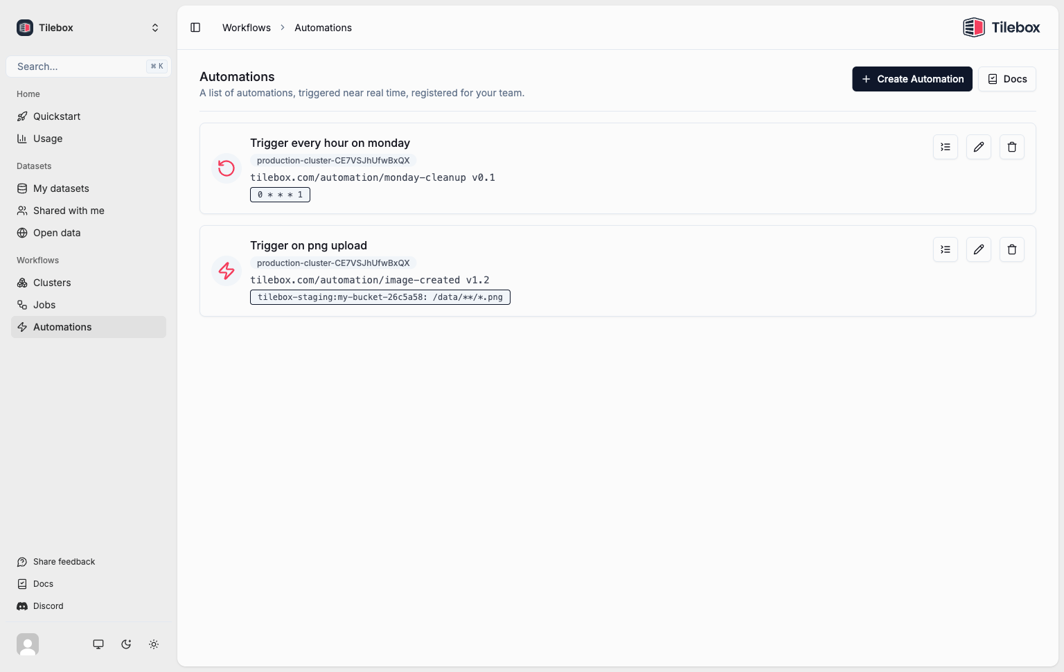 Tilebox Workflows automations in the Tilebox Console