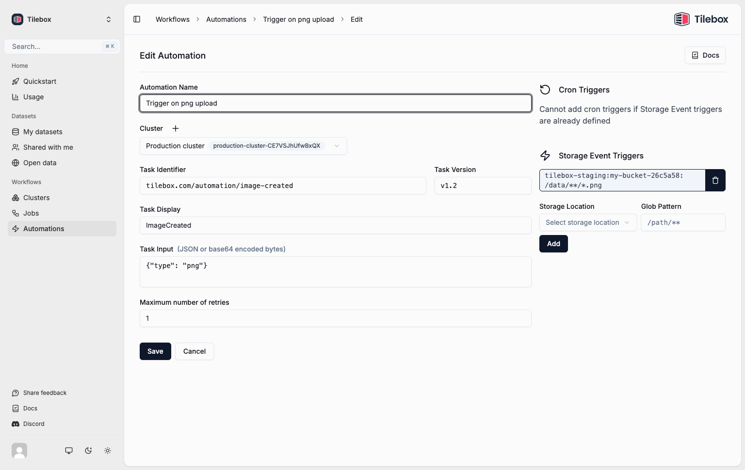 Tilebox Workflows automations in the Tilebox Console