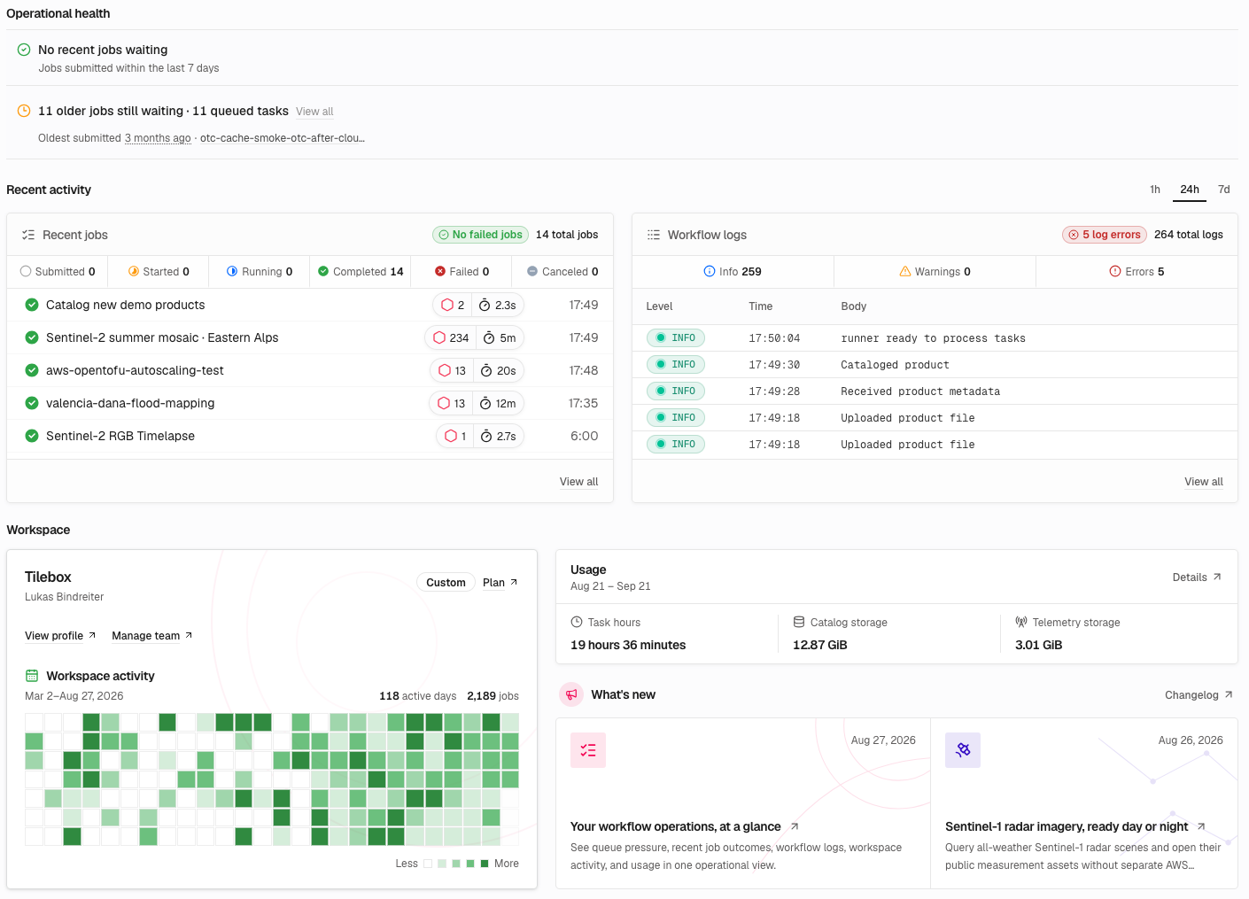 Tilebox Console Dashboard Page