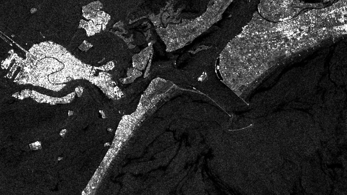 Monochrome Sentinel-1 VV radar image of Venice and the surrounding lagoon
