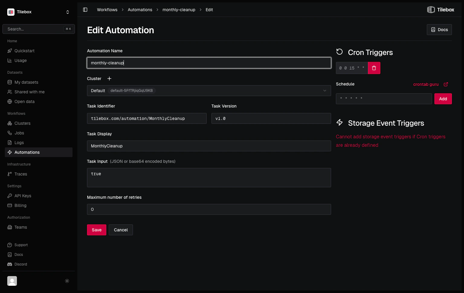 Tilebox Workflows automations in the Tilebox Console