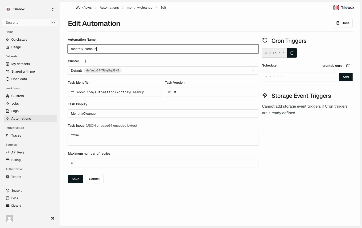Tilebox Workflows automations in the Tilebox Console