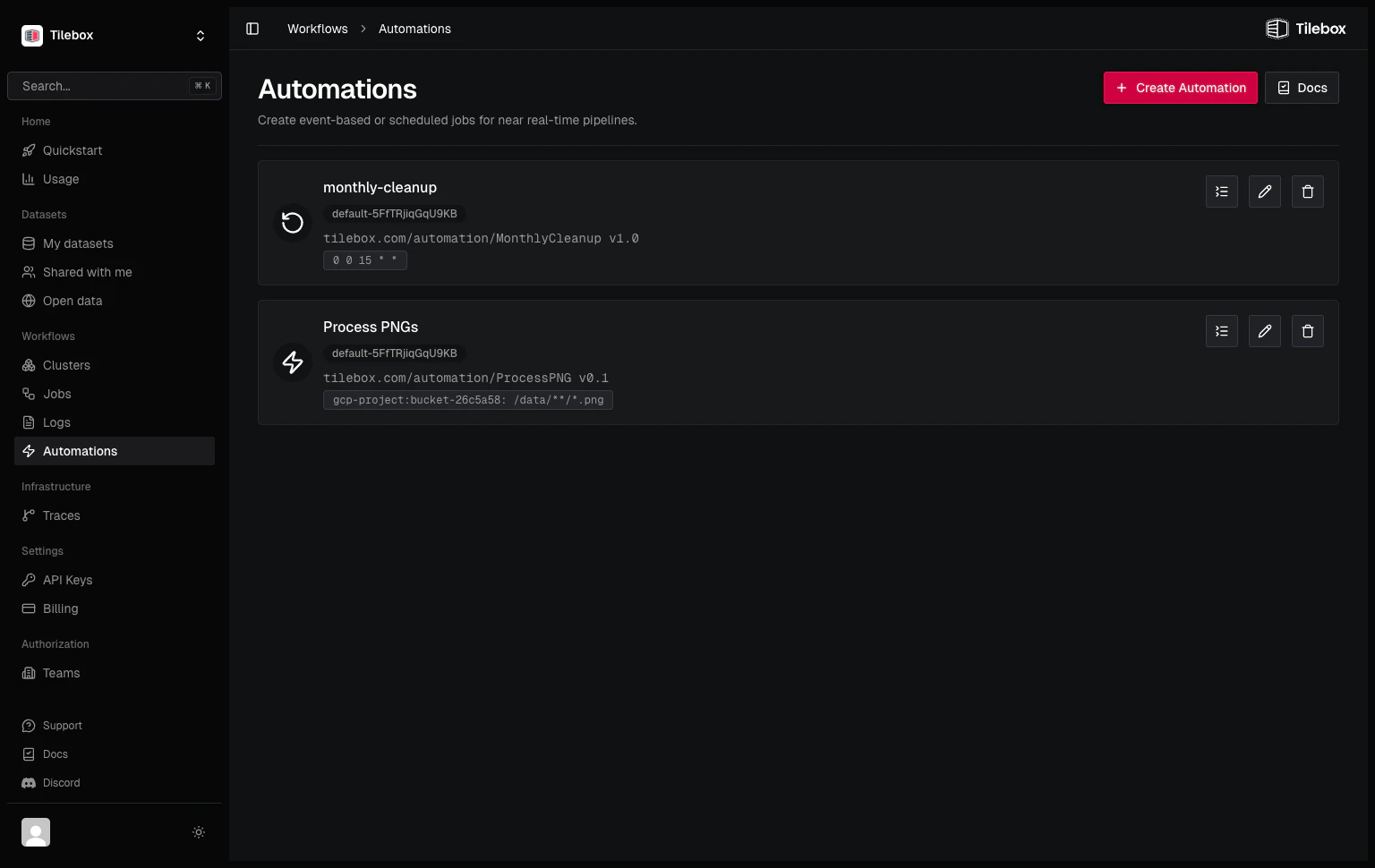 Tilebox Workflows automations in the Tilebox Console