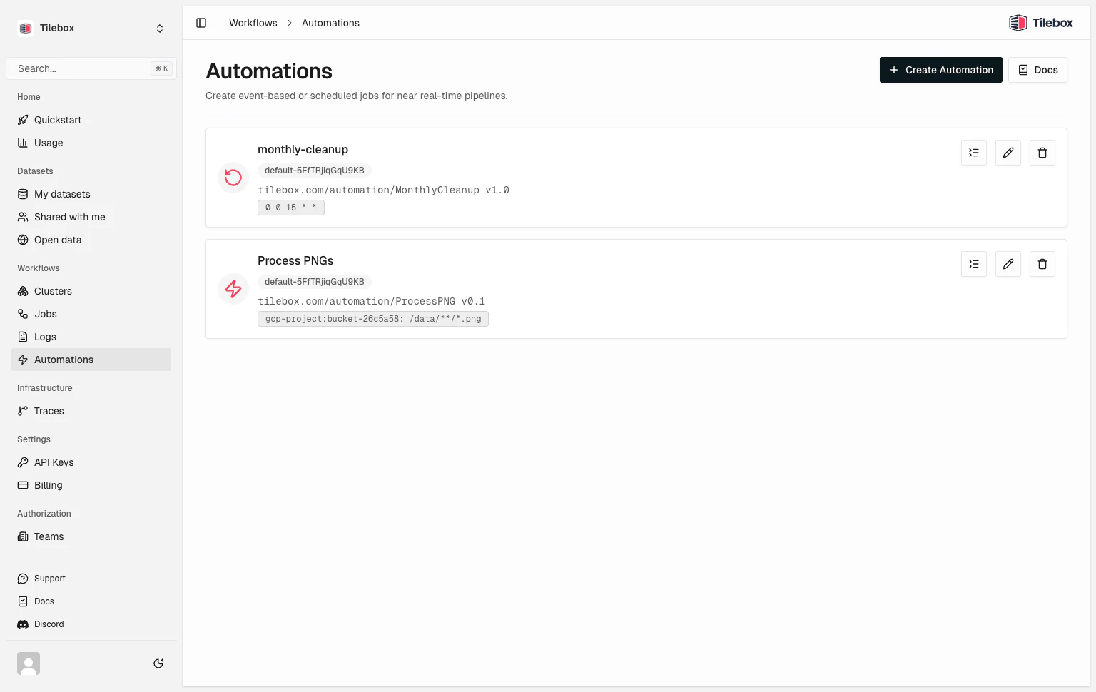 Tilebox Workflows automations in the Tilebox Console