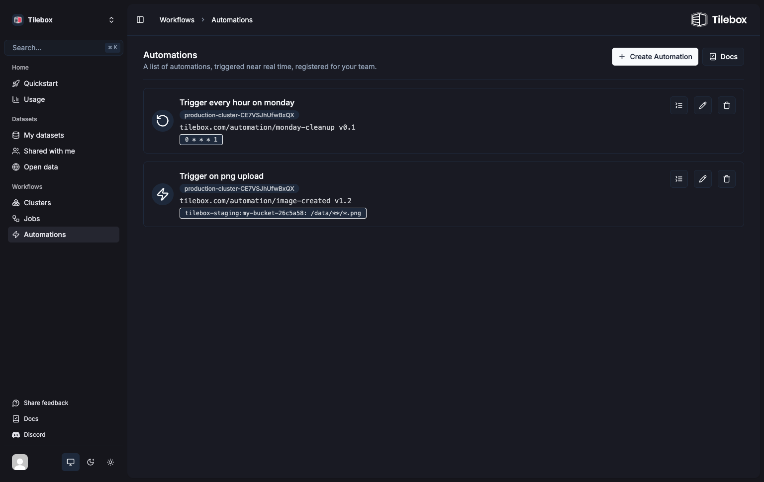 Tilebox Workflows automations in the Tilebox Console