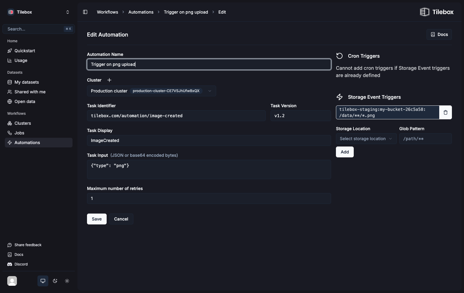 Tilebox Workflows automations in the Tilebox Console