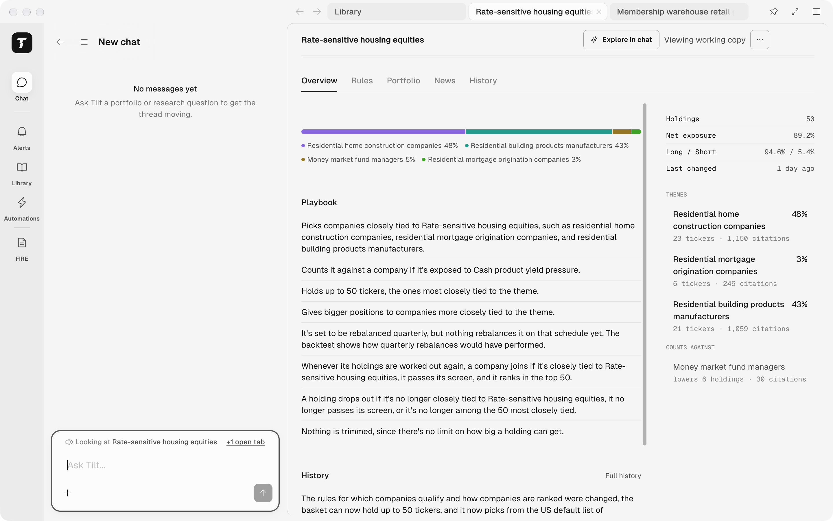 Tilt for Mac window with Library, Rate-sensitive housing equities, and Membership warehouse retail tabs in the title bar, the Rate-sensitive housing equities Overview on screen, and the chat on the left