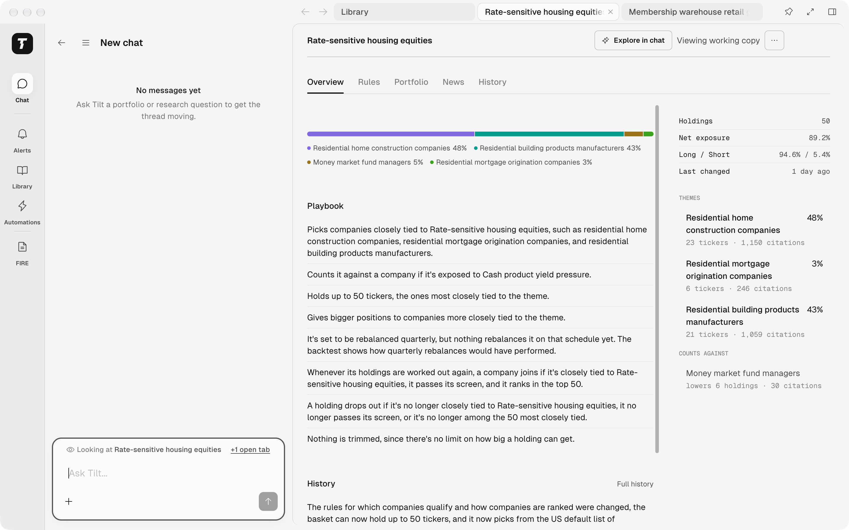 Tilt for Mac window with Library, Rate-sensitive housing equities, and Membership warehouse retail tabs in the title bar, the Rate-sensitive housing equities Overview on screen, and the chat on the left