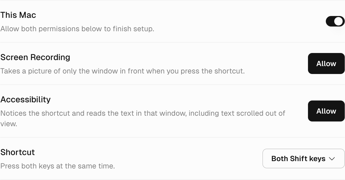 Tilt Capture settings showing This Mac turned on with Allow both permissions below to finish setup, Allow buttons for Screen Recording and Accessibility, and Shortcut set to Both Shift keys