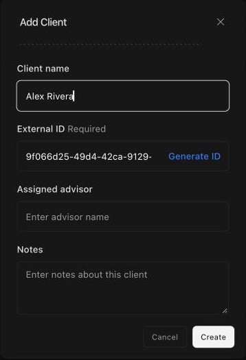 Tilt's Add Client form contains a synthetic client name, required external ID, optional assigned advisor and notes, and a Create button.