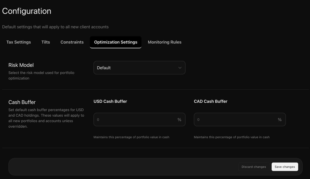 The organization Configuration screen shows Optimization Settings, including the default risk model and USD and CAD cash buffers.