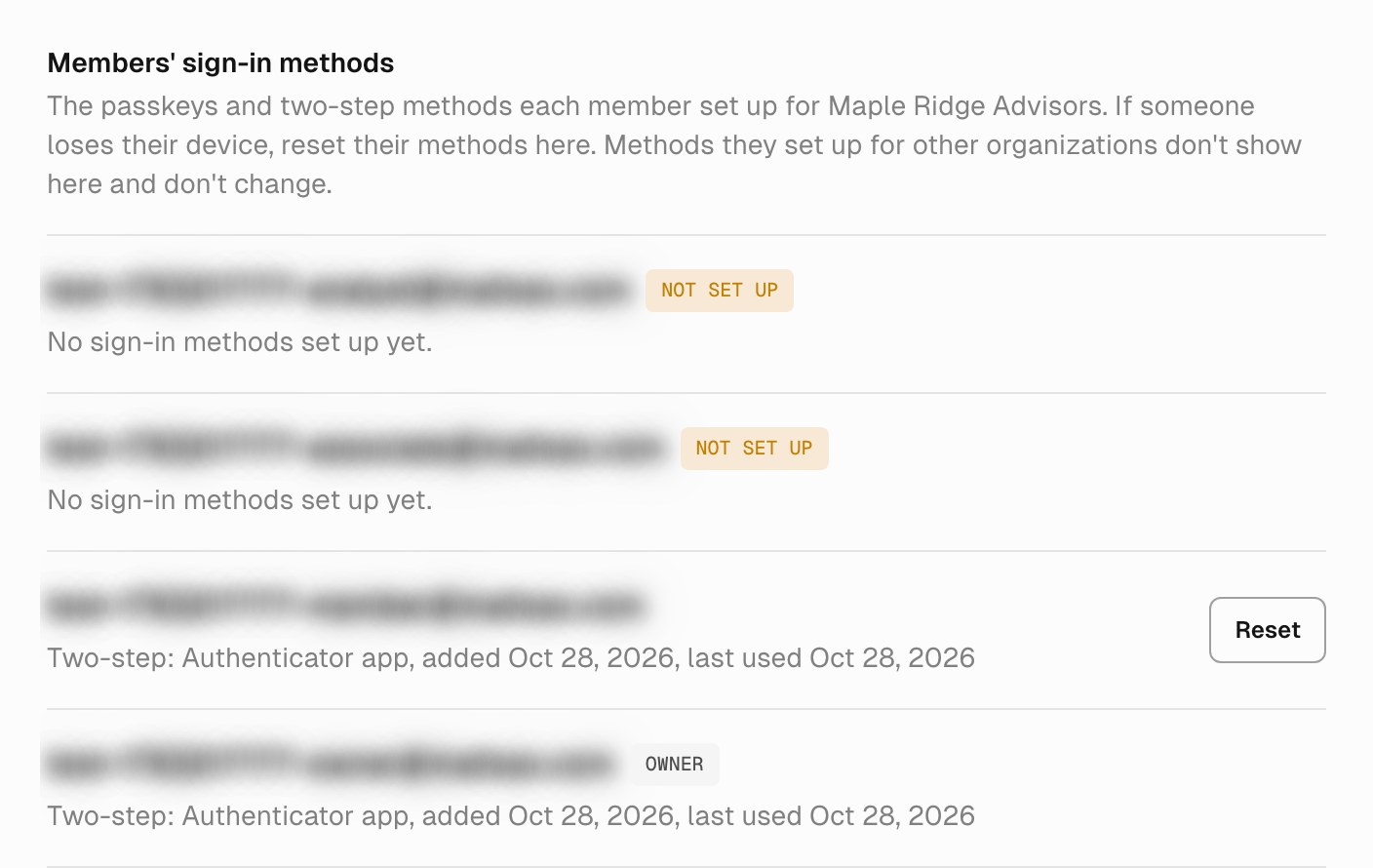 Members' sign-in methods for Maple Ridge Advisors. Two members show a Not set up badge and No sign-in methods set up yet. One member's row reads Two-step: Authenticator app, added Oct 28, 2026, last used Oct 28, 2026, with a Reset button. The owner's own row has an Owner badge, the same kind of authenticator app line, and no Reset button.