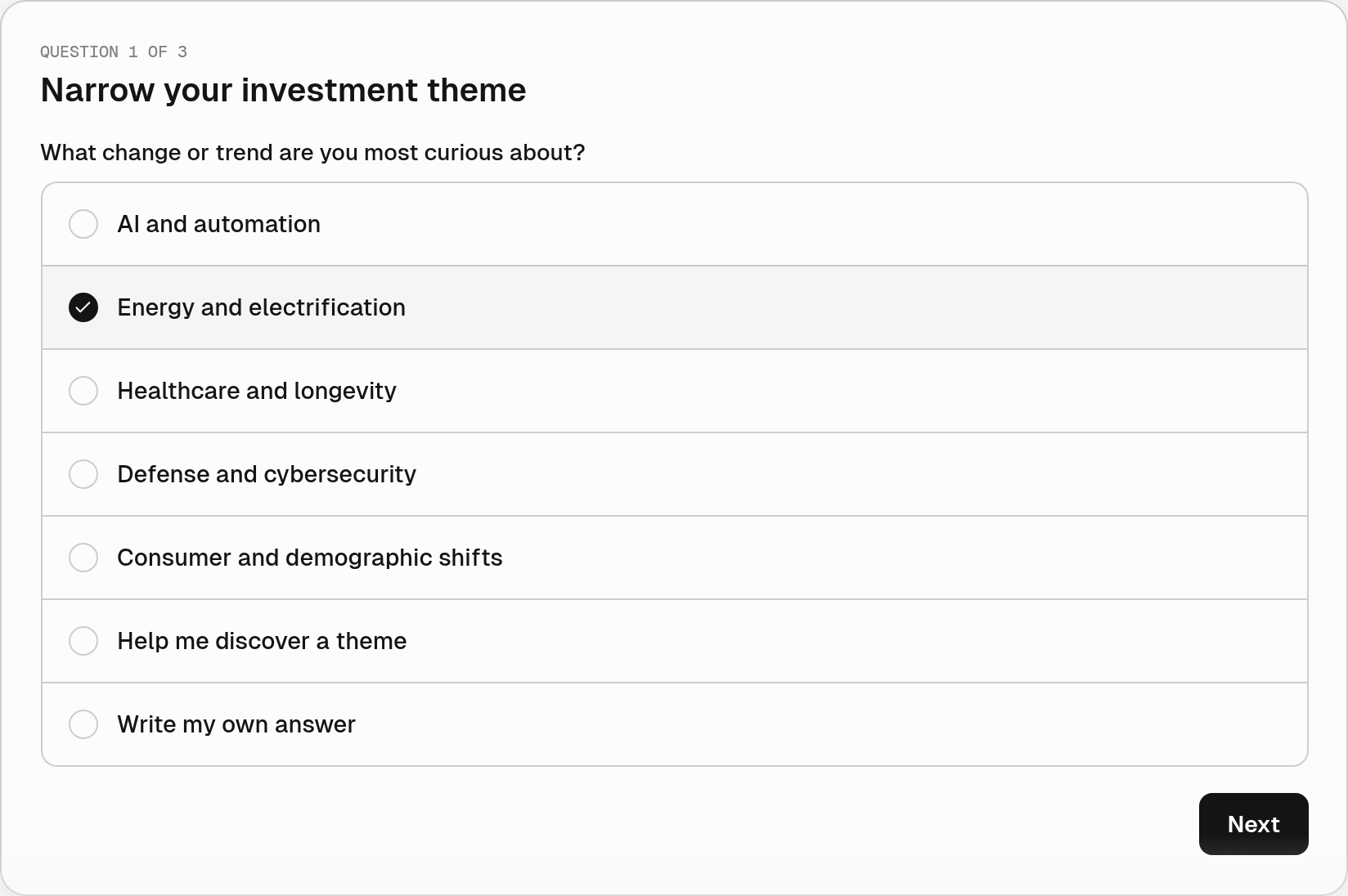 Tilt Agent asking which investment trend to research, with Energy and electrification selected, a Write my own answer option, and a Next button