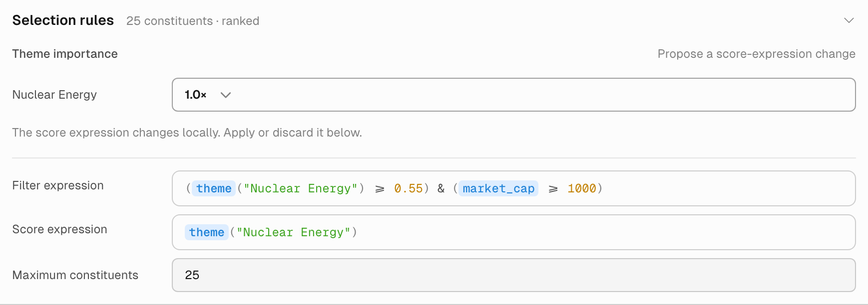 Selection rules with filter expression (theme("Nuclear Energy") >= 0.55) & (market_cap >= 1000), score expression theme("Nuclear Energy"), and maximum constituents 25