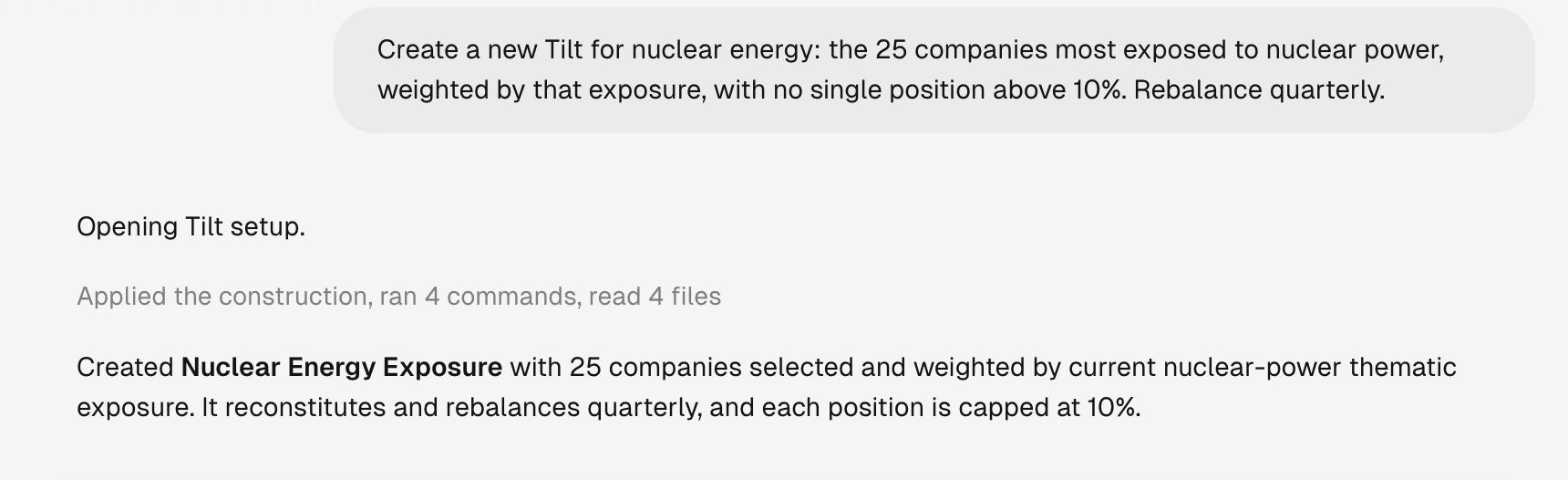 A message asking Tilt to create a new Tilt for nuclear energy, and Tilt Agent's reply that it created Nuclear Energy Exposure with 25 companies