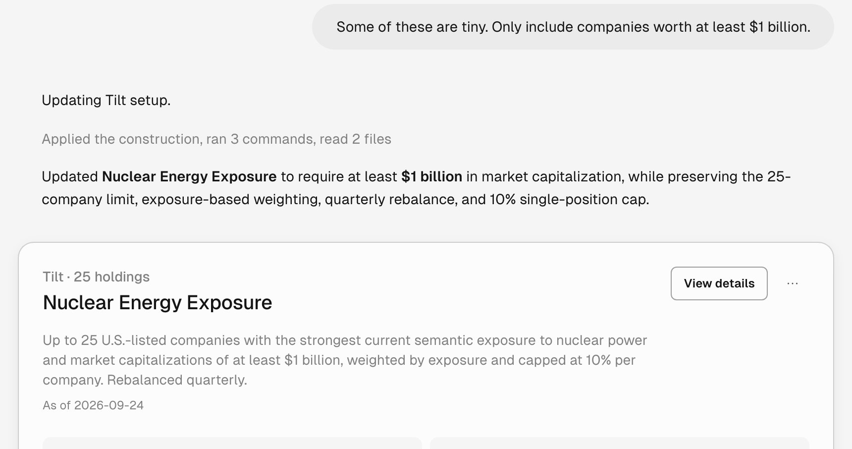 A message saying some holdings are tiny and asking to include only companies worth at least $1 billion, and Tilt Agent's reply that it updated the Tilt