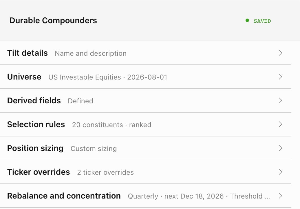 The methodology editor with sections for tilt details, universe, derived fields, selection rules, position sizing, ticker overrides, and rebalance and concentration