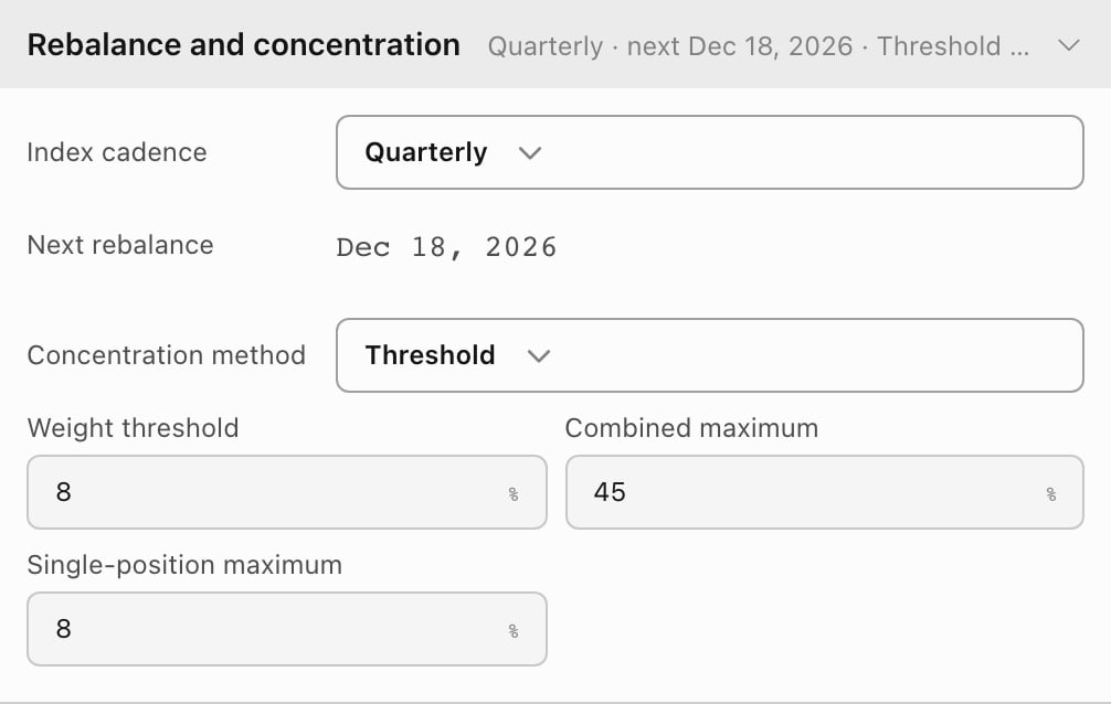 Rebalance and concentration section with quarterly cadence, next rebalance Dec 18, 2026, and threshold-based concentration limits