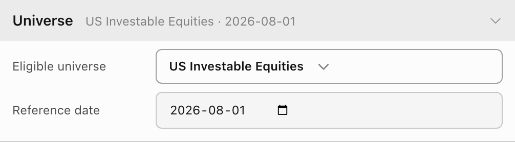 Universe section with eligible universe US Investable Equities and reference date 2026-08-01