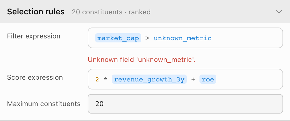 Filter expression market_cap > unknown_metric with the error: Unknown field 'unknown_metric'
