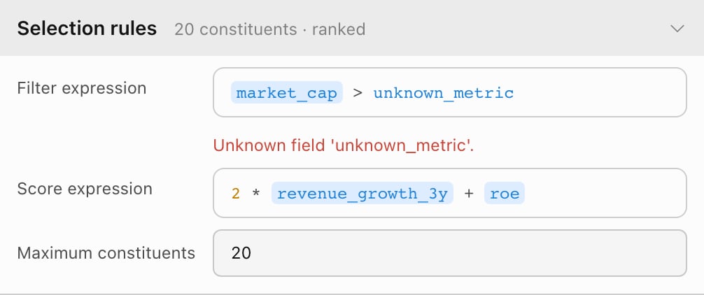Filter expression market_cap > unknown_metric with the error: Unknown field 'unknown_metric'