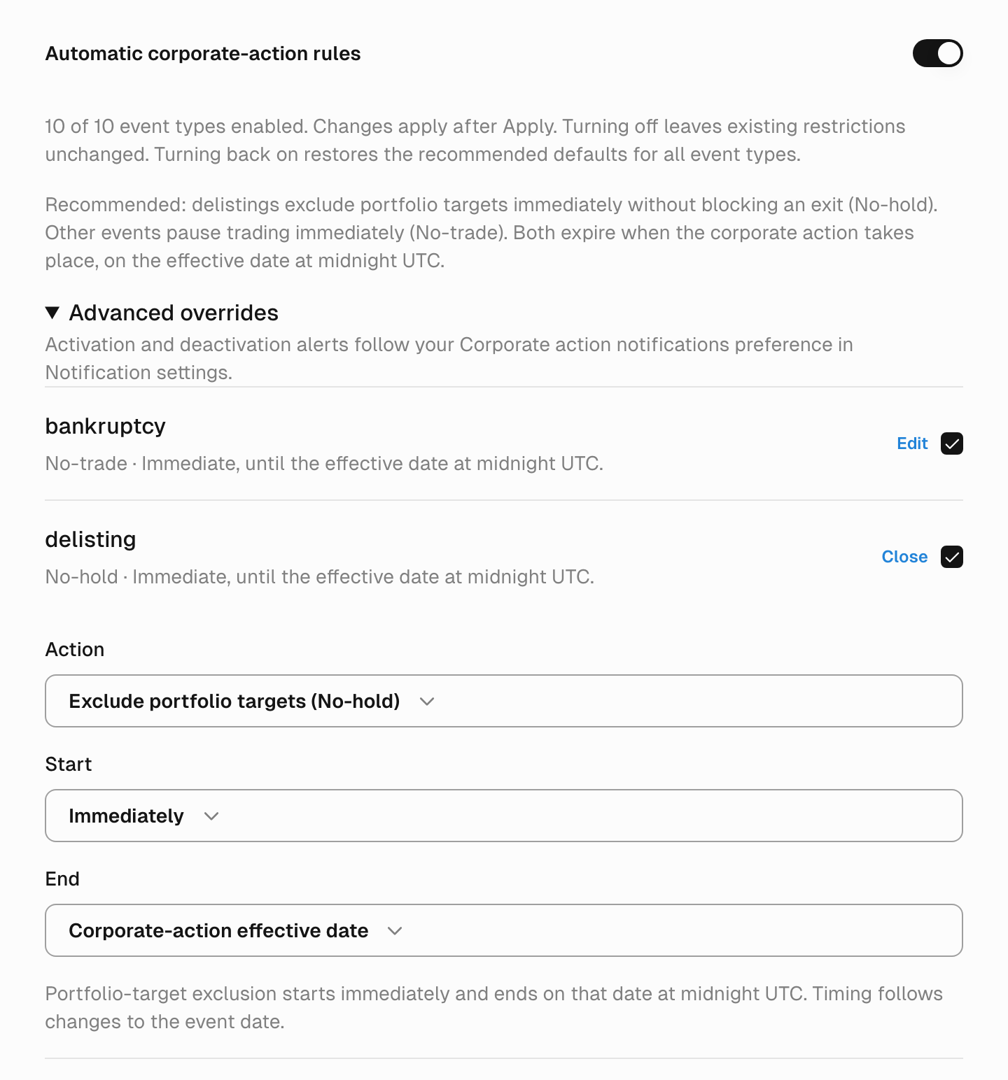 Automatic corporate-action rules enabled, with Advanced overrides open and the delisting editor showing Exclude portfolio targets (No-hold), Immediately, and Corporate-action effective date.