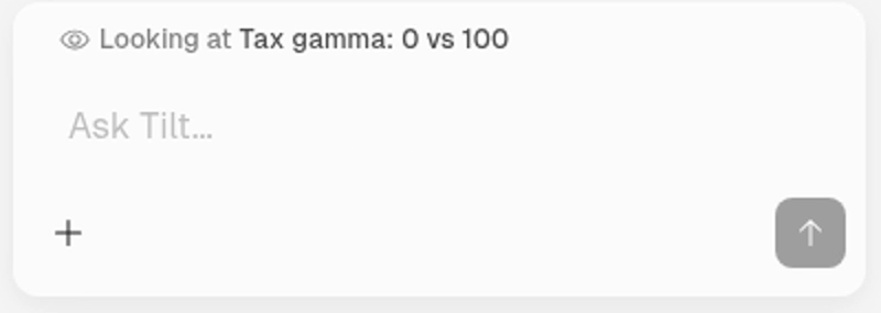 Chat composer showing Looking at Tax gamma: 0 vs 100 above the Ask Tilt input