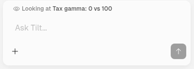 Chat composer showing Looking at Tax gamma: 0 vs 100 above the Ask Tilt input