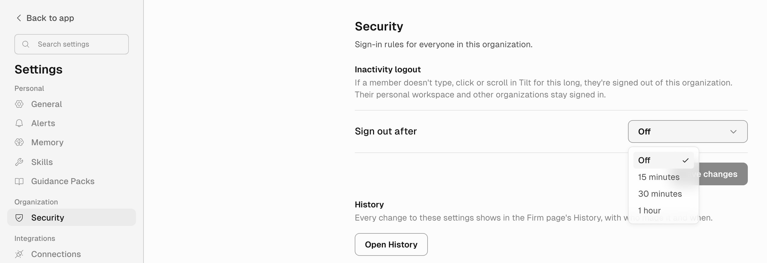 Settings with Security selected under Organization. The Inactivity logout group shows Sign out after set to Off, with its list open on Off, 15 minutes, 30 minutes, and 1 hour. The open list partly covers the Save changes button. Below is a History group with an Open History button.