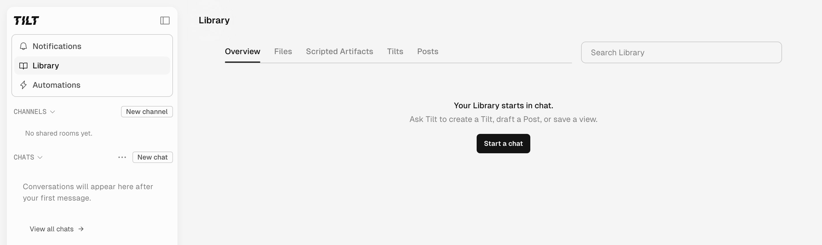 Tilt Library with filters for Overview, Files, Scripted Artifacts, Tilts, and Posts, plus a Search Library field