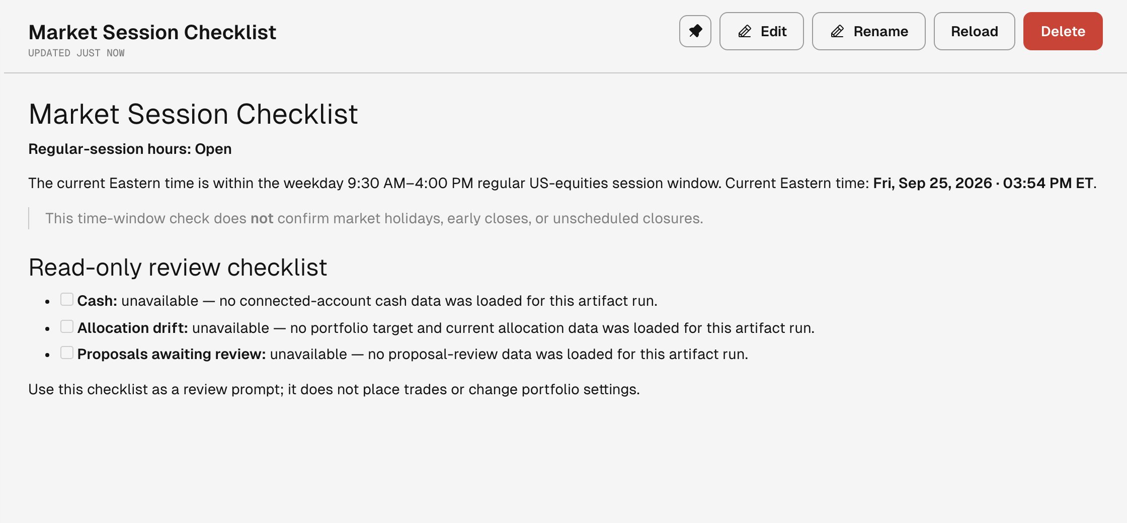 Market Session Checklist Scripted Artifact showing the regular US-equities session window and read-only checks for cash, allocation drift, and proposals awaiting review