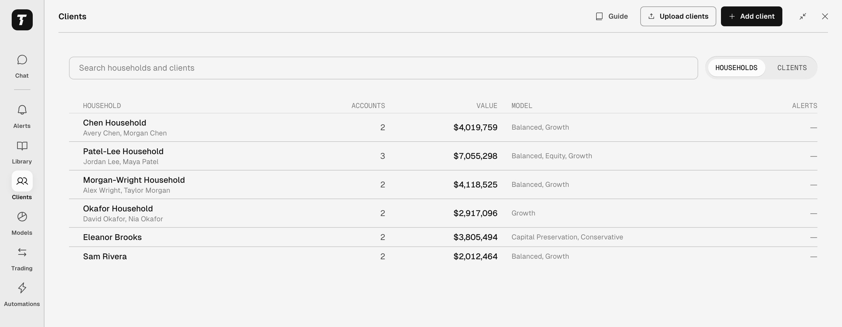Clients page for Evergreen Advisory showing the household search, Add client and Upload clients controls, and households with account counts, model names, and values.