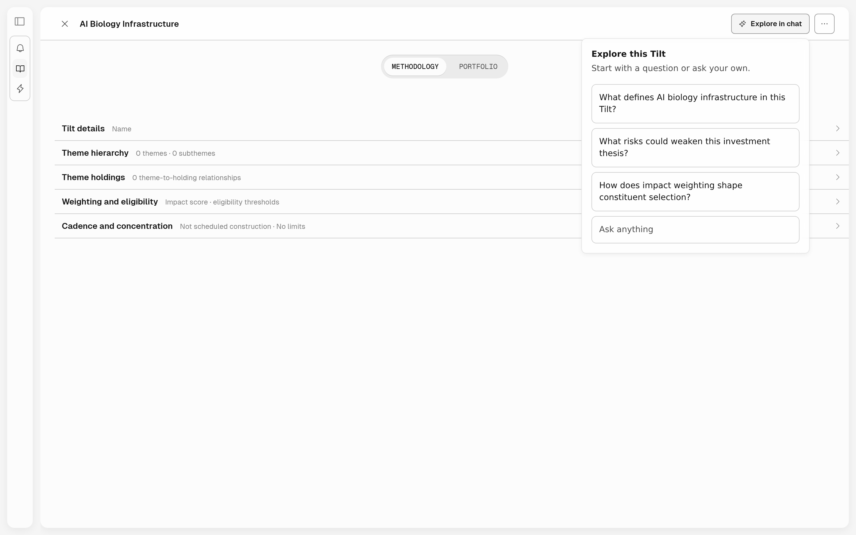 AI Biology Infrastructure Tilt opened from Library, with Explore in chat showing three suggested questions and Ask anything