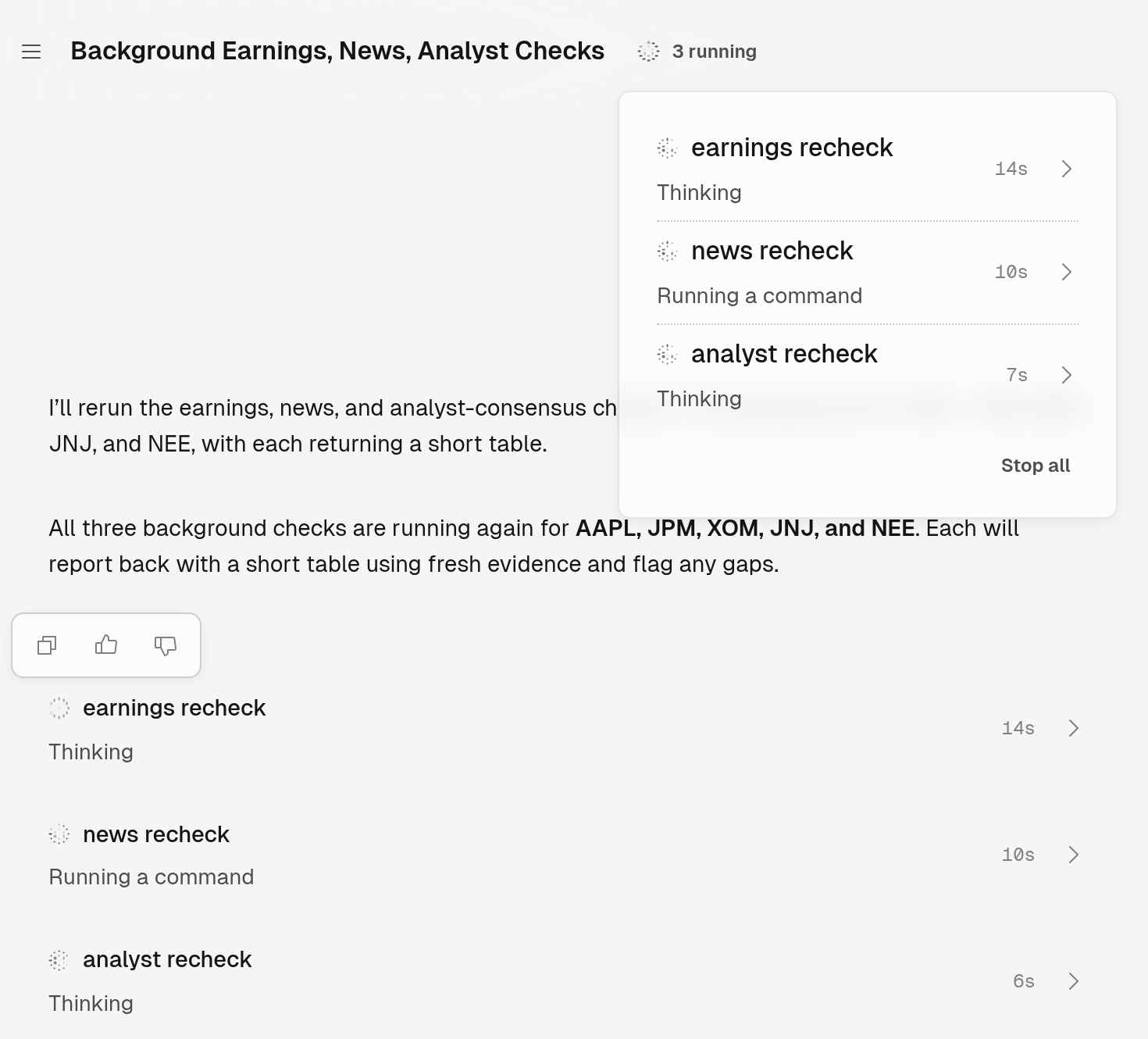 A chat with three running jobs: earnings recheck, news recheck, and analyst recheck, each with its current step and elapsed time. The title bar shows 3 running, and its open list repeats the three jobs above a Stop all button.