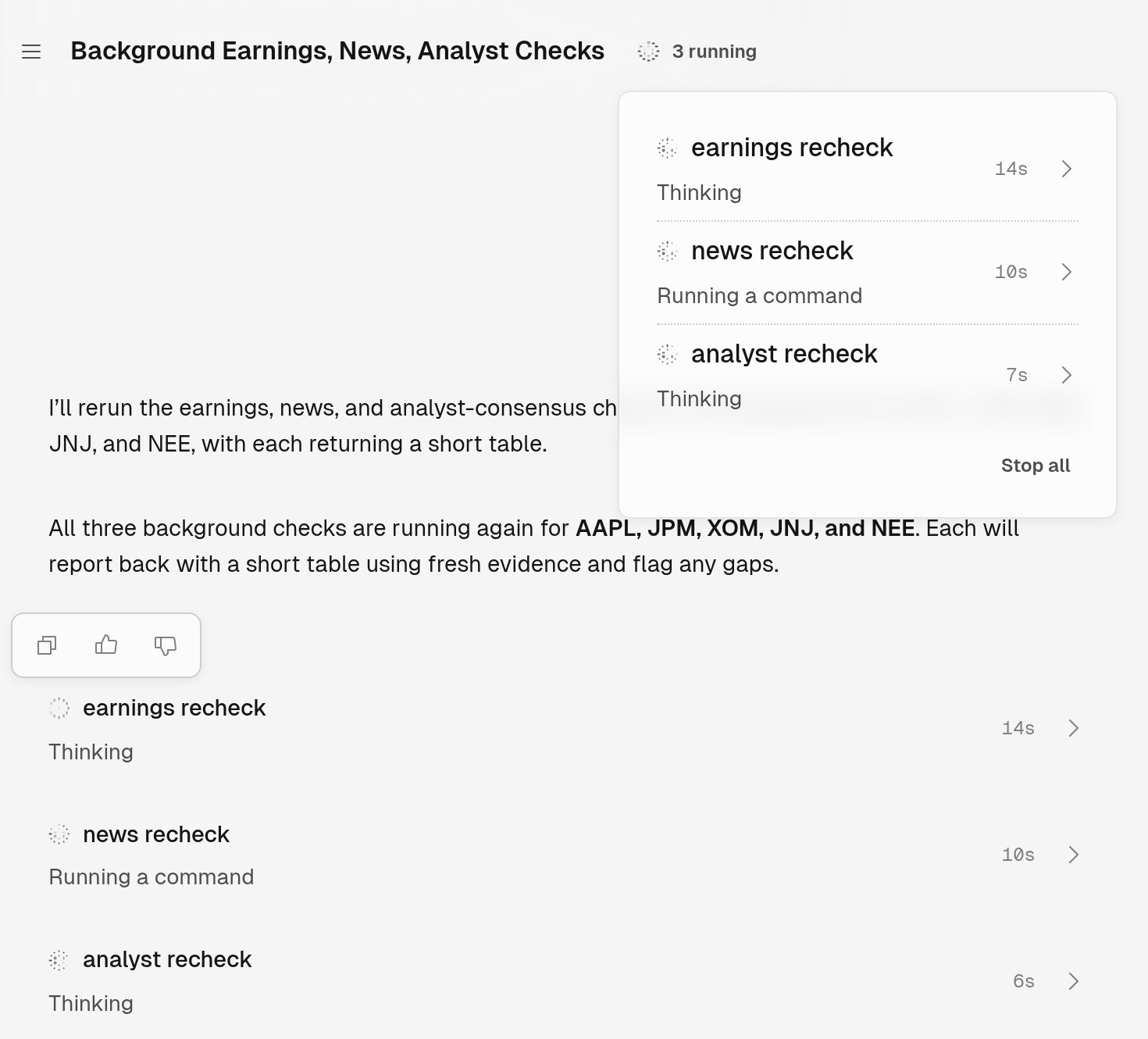 A chat with three running jobs: earnings recheck, news recheck, and analyst recheck, each with its current step and elapsed time. The title bar shows 3 running, and its open list repeats the three jobs above a Stop all button.