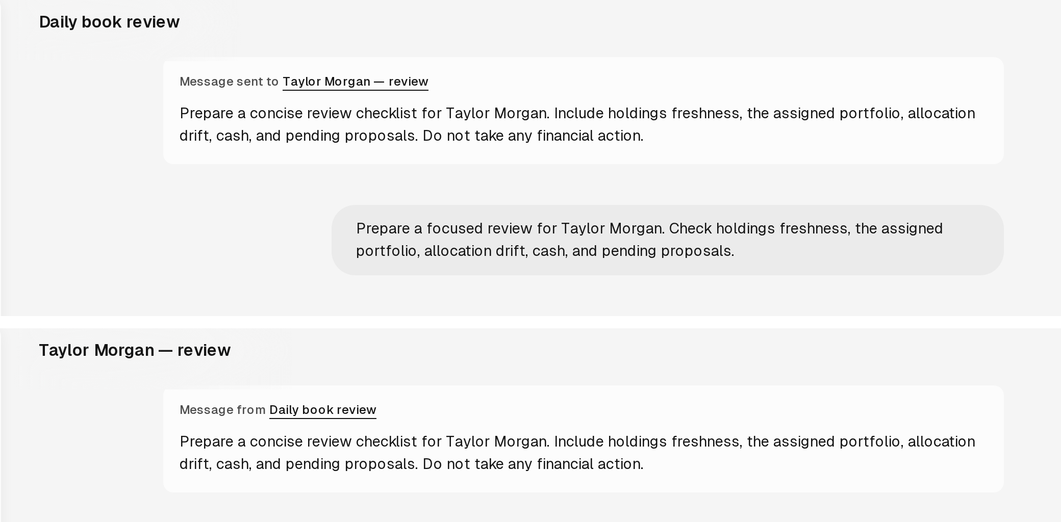 Two Tilt Agent chat states showing Message sent to Taylor Morgan — review in Daily book review and Message from Daily book review in Taylor Morgan — review