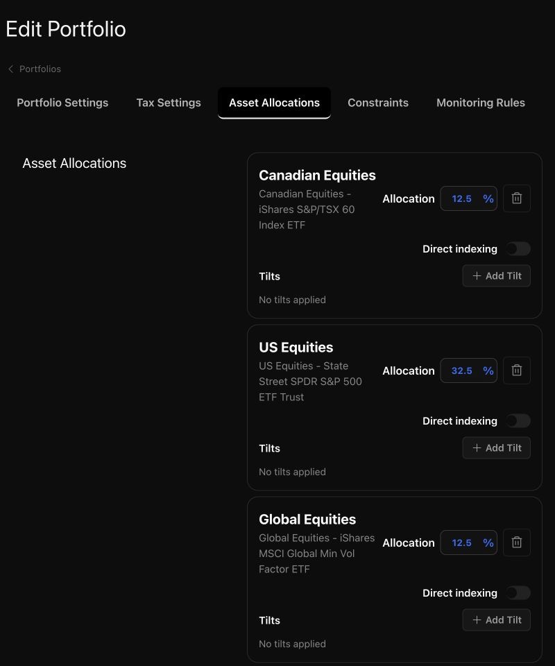 The Asset Allocations tab in the portfolio editor shows saved Canadian, U.S., and global equity sleeve weights, direct indexing controls, and Tilt controls.