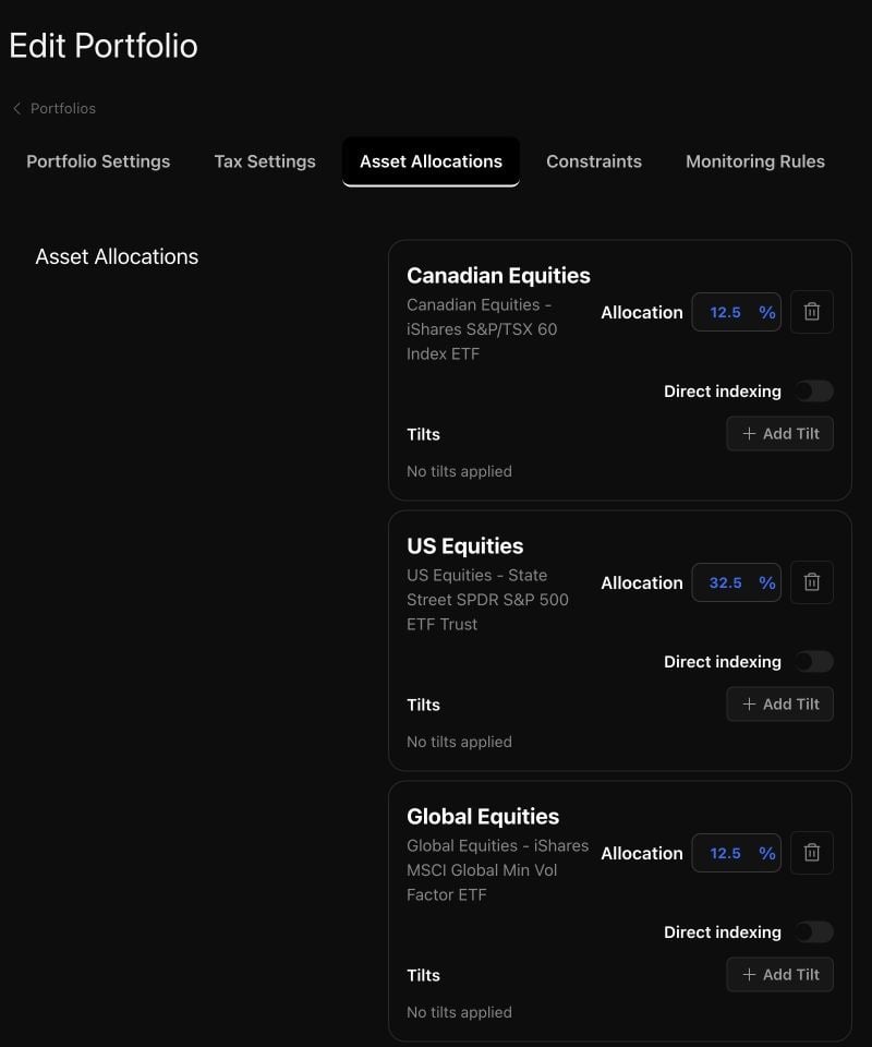 The Asset Allocations tab in the portfolio editor shows saved Canadian, U.S., and global equity sleeve weights, direct indexing controls, and Tilt controls.