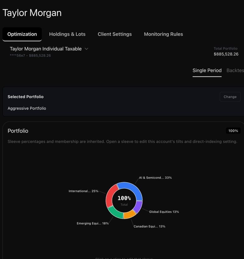 Taylor Morgan's Optimization tab shows Aggressive Portfolio as the selected portfolio and a chart of its inherited sleeve weights.