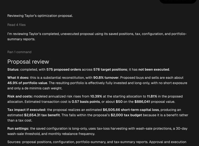 Taylor Morgan's completed proposal review in Tilt Agent shows proposed orders, turnover, risk, costs, tax impact, and the statement that no orders have been executed.