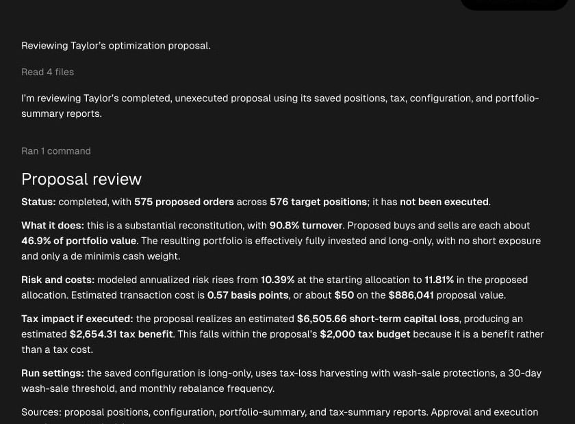 Taylor Morgan's completed proposal review in Tilt Agent shows proposed orders, turnover, risk, costs, tax impact, and the statement that no orders have been executed.